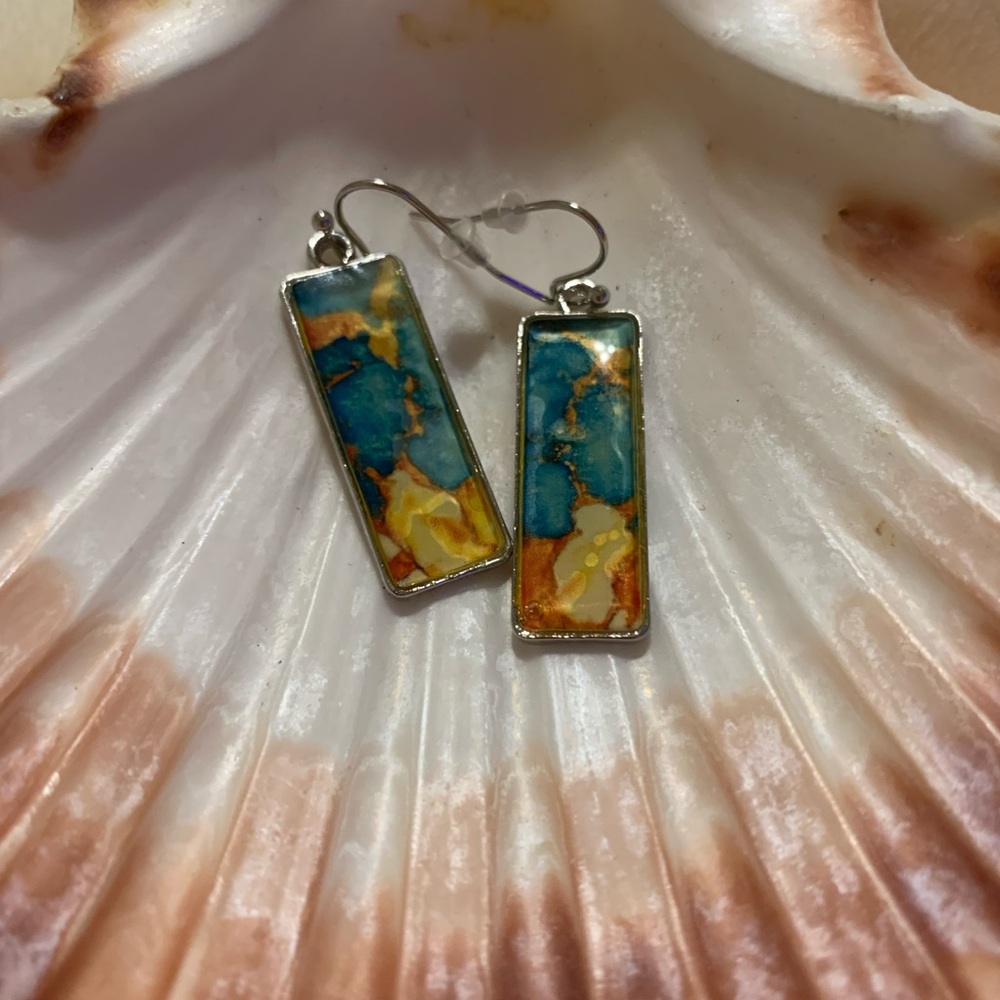 Elegant 925 Blue Turquoise, and Jasper Rectangular Earrings